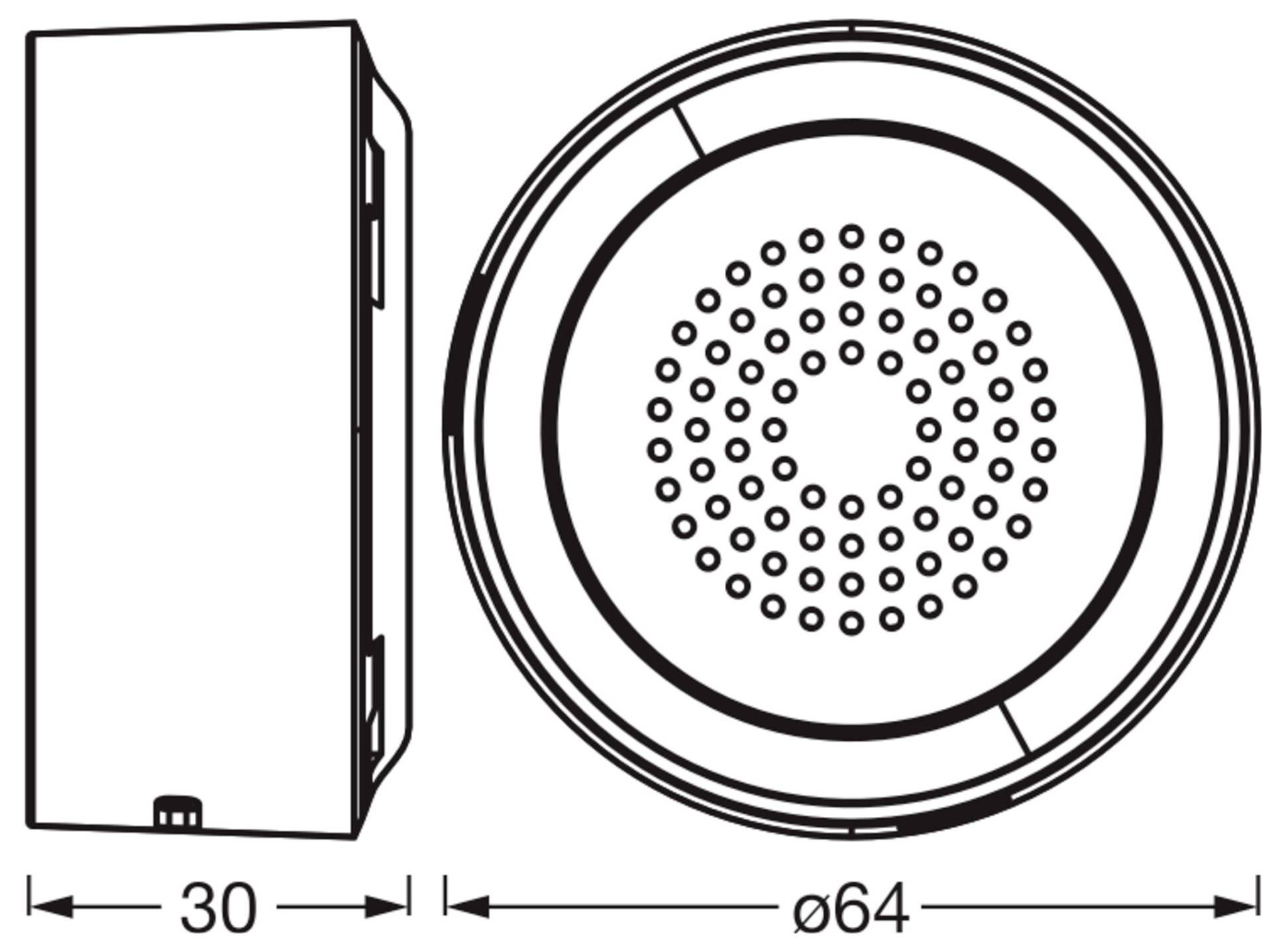 Technische Zeichnung eines runden Geräts, dargestellt in Vorder- und Seitenansicht, mit einer Breite von 30 mm und einem Durchmesser von 64 mm.