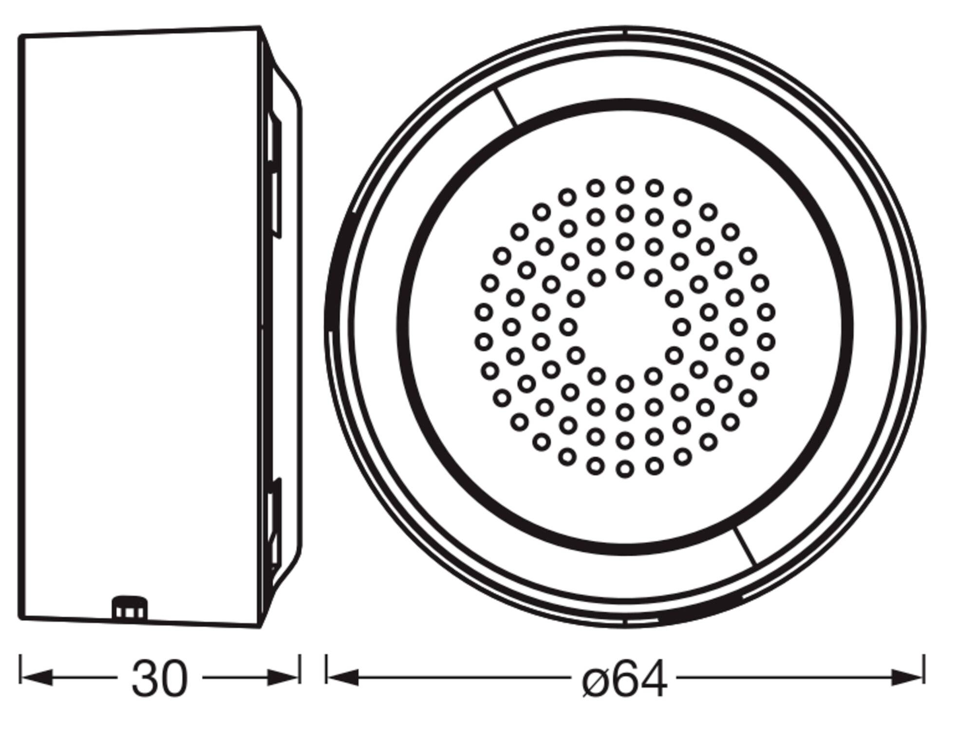 Technische Zeichnung eines runden Geräts mit Vorder- und Seitenansicht mit Abmessungen von 30 mm Breite und 64 mm Durchmesser.