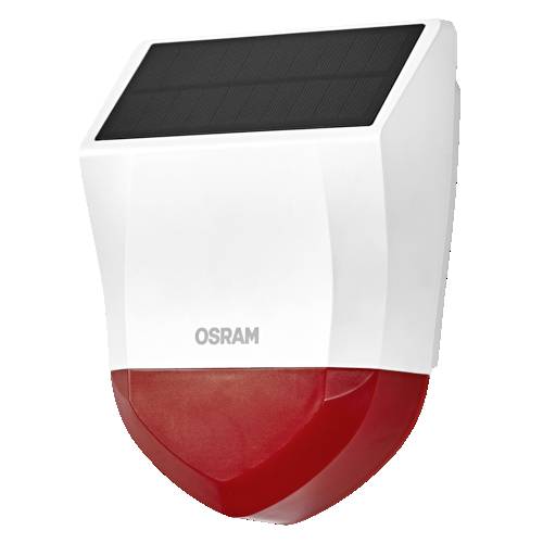 OSRAM Solarwandleuchte mit weißem Gehäuse, schwarzem Solarpanel oben und roter durchscheinender Unterlinse.