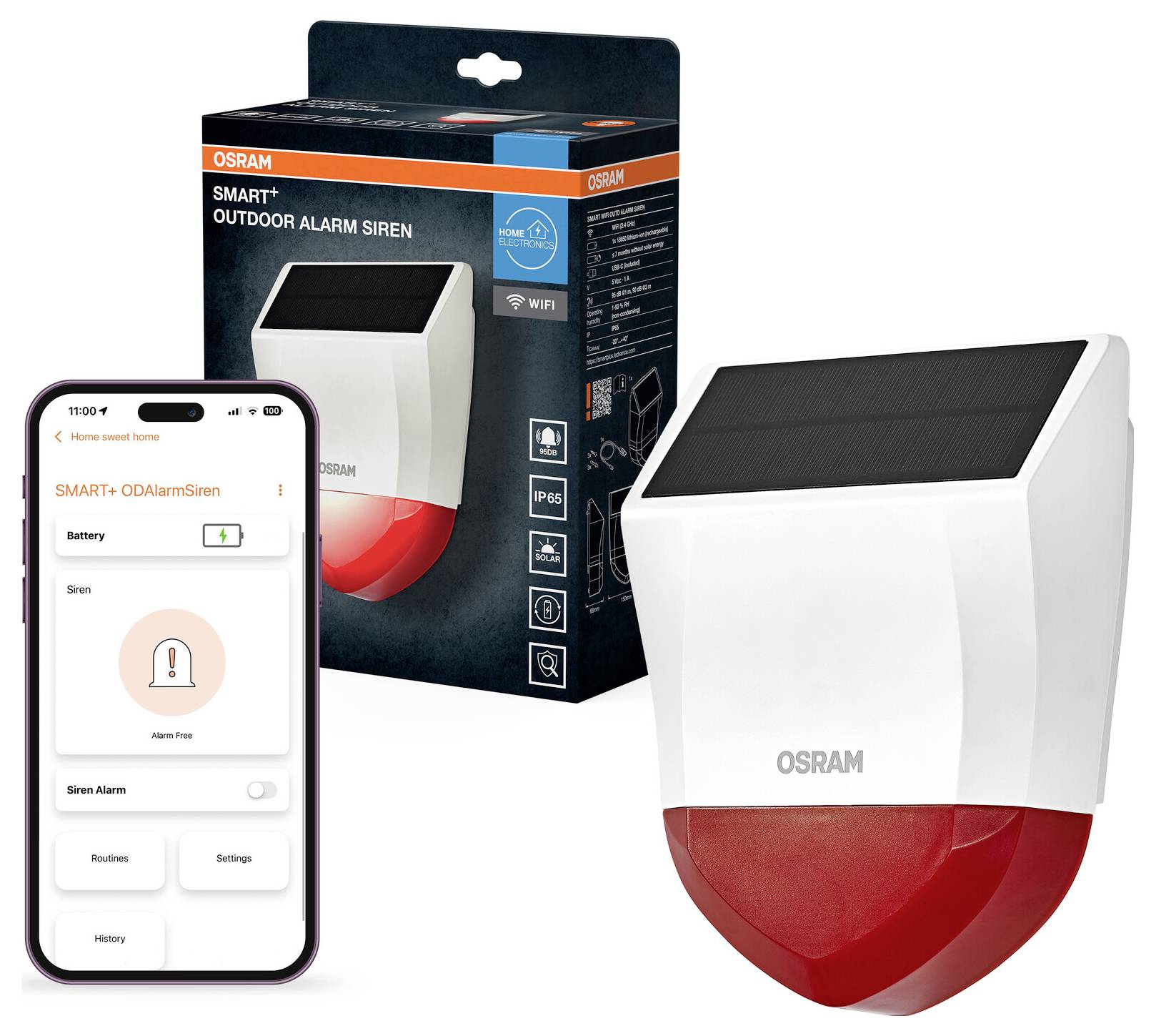 OSRAM SMART+ Außenalarm-Sirene mit App-Steuerung, abgebildet mit Produktkarton und Smartphone-App-Bildschirm, auf dem Batterie, Sirenen-Status und Einstellungen angezeigt werden.