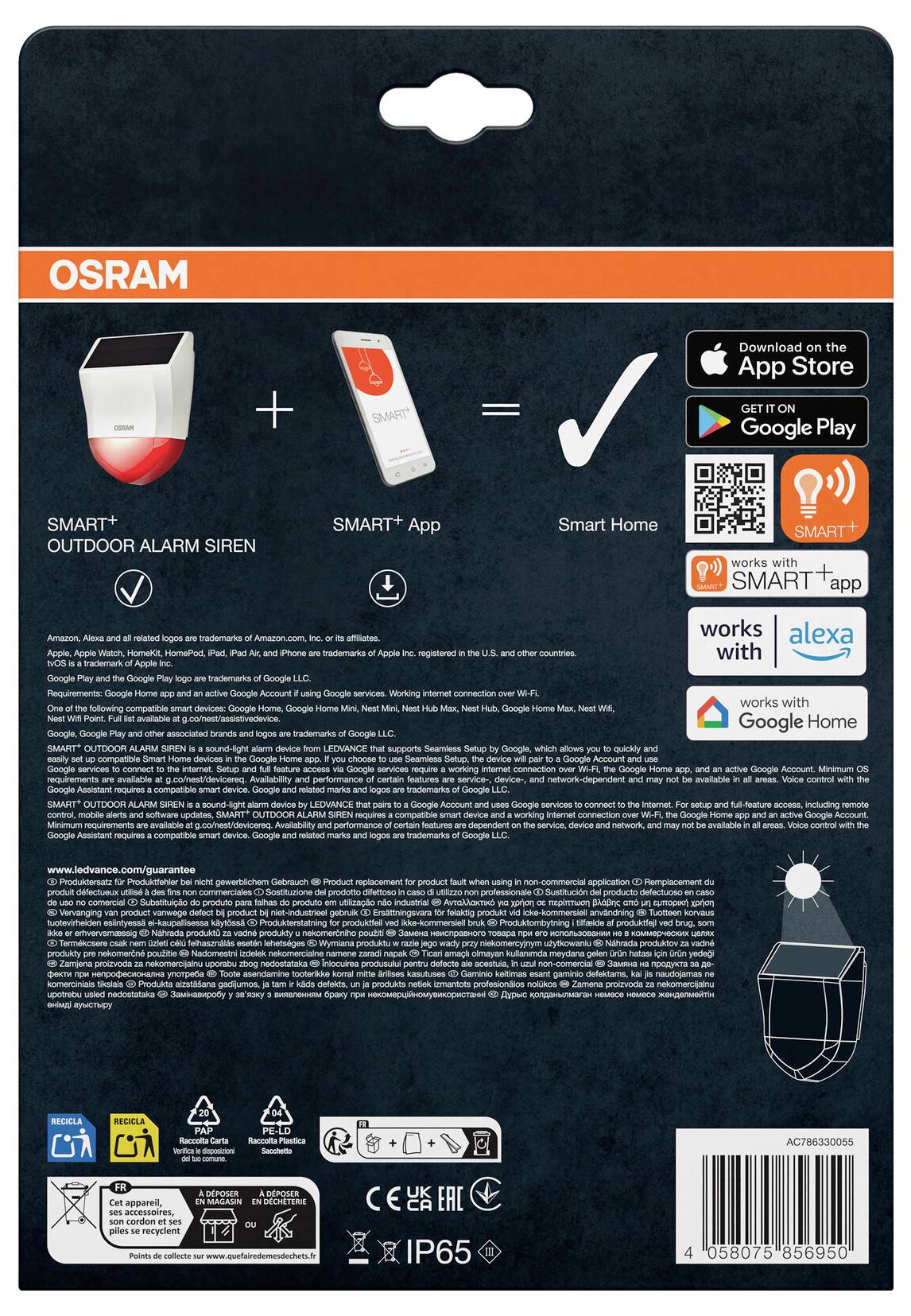 OSRAM-Verpackung für eine Smart+ Outdoor Alarmsirene, die die Sirene plus Smart+ App zeigt, was Smart Home entspricht, mit App Store-, Google Play-, Alexa- und Google Home-Kompatibilitätslogos.