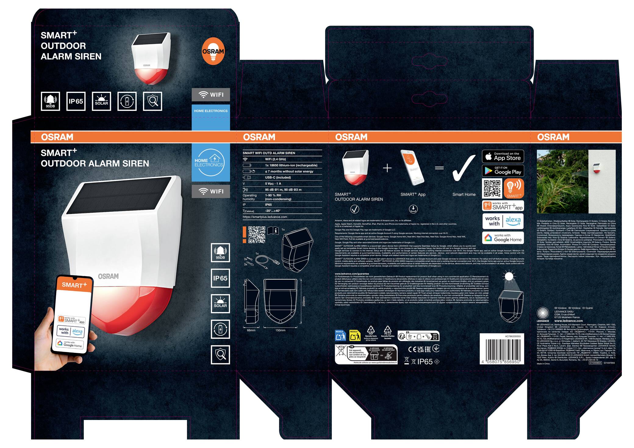 OSRAM SMART+ Außensirene für Alarme Verpackung, zeigt das Gerät, Smartphone-App-Steuerung, Funktionssymbole, Einrichtungsschritte und Produktspezifikationen.