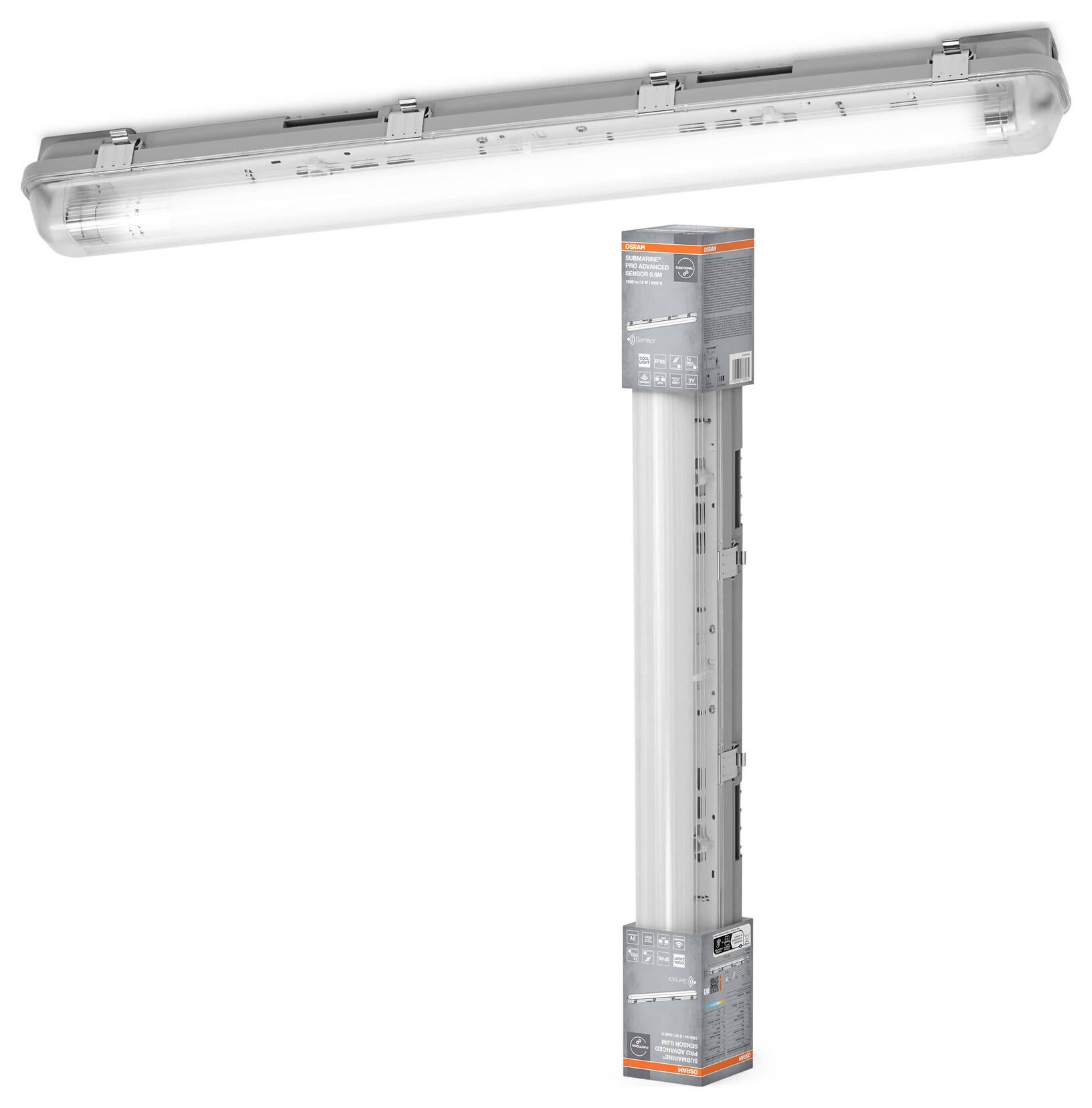 Industrielle LED-Leuchte montiert auf einem hohen Metallmast oder Mastpol, dargestellt als Produktabbildung auf weißem Hintergrund.