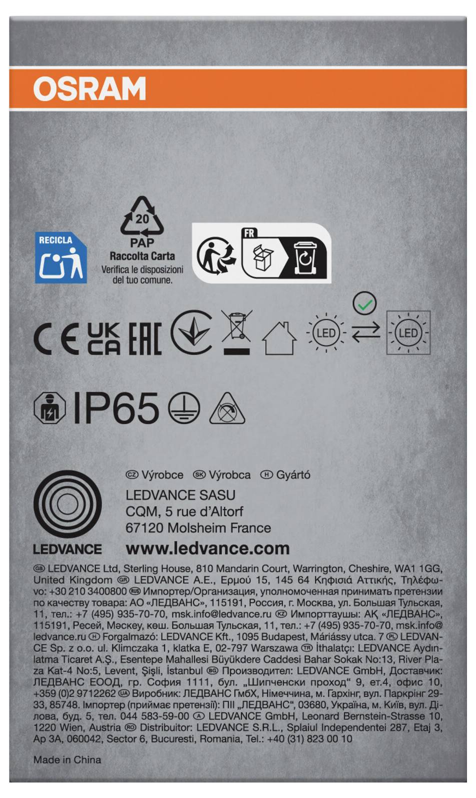 OSRAM LEDVANCE Verpackungsetikett mit Compliance- und Recycling-Symbolen, IP65-Kennzeichnung, Produktname „LEDVANCE SASU