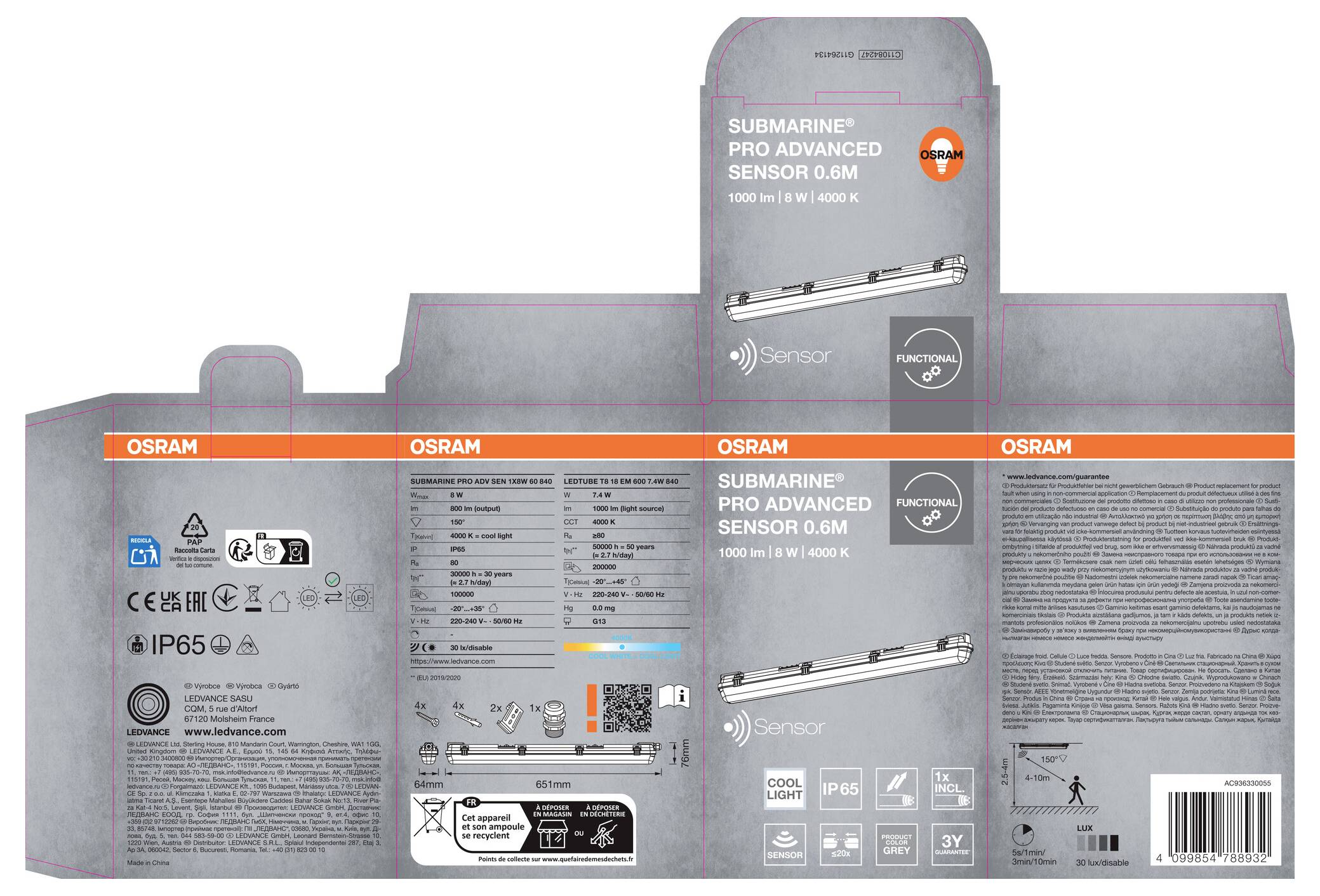 Verpackungsdesign für OSRAM Submarine Pro Advanced Sensor 0,6M LED-Leuchte, zeigt Produktname, technische Spezifikationen, Symbole und Barcode auf einer grauen Box.