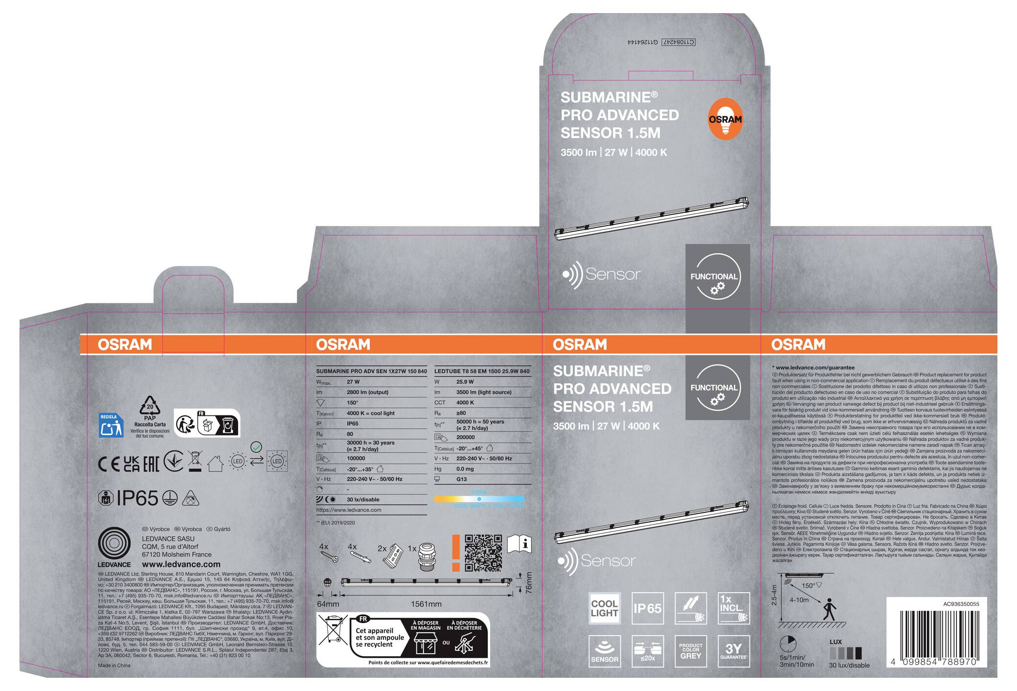 Graue OSRAM-Leuchtenverpackung für „SUBMARINE PRO ADVANCED SENSOR 1.5M