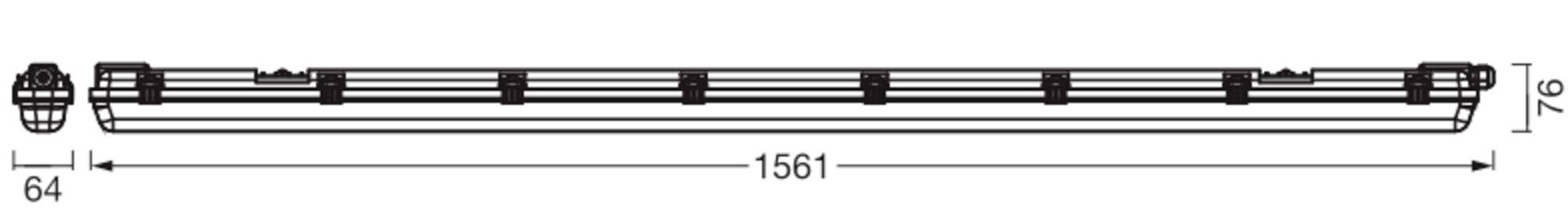 Technische Strichzeichnung einer langen zylindrischen Komponente mit der Bezeichnung 1561 mm Gesamtlänge und 64 mm Durchmesser, mit Endkappen und kleinen Befestigungsdetails.