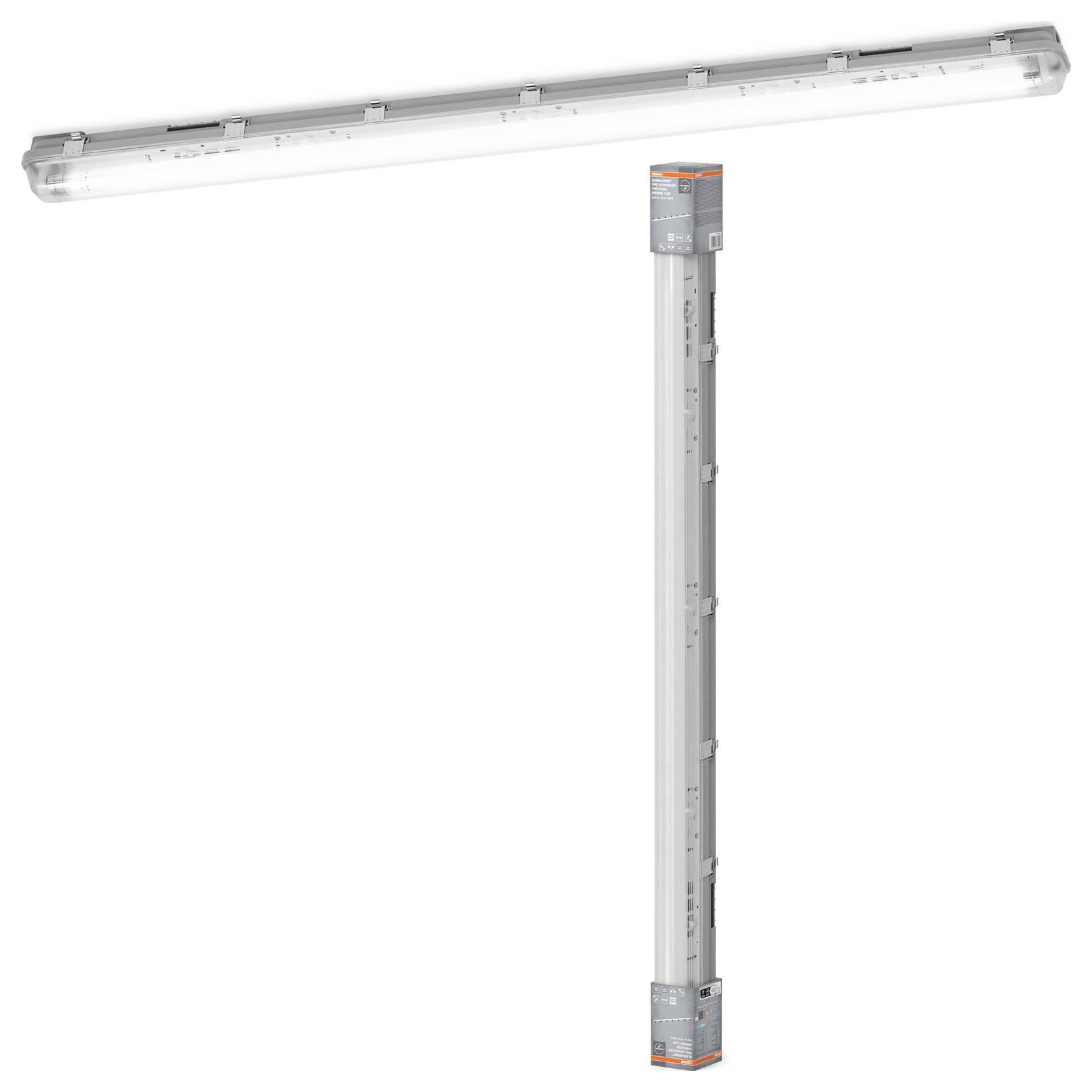 Industrielle LED-Leuchte mit einer langen linearen Lampe, die auf einem vertikalen Stützpfosten montiert ist