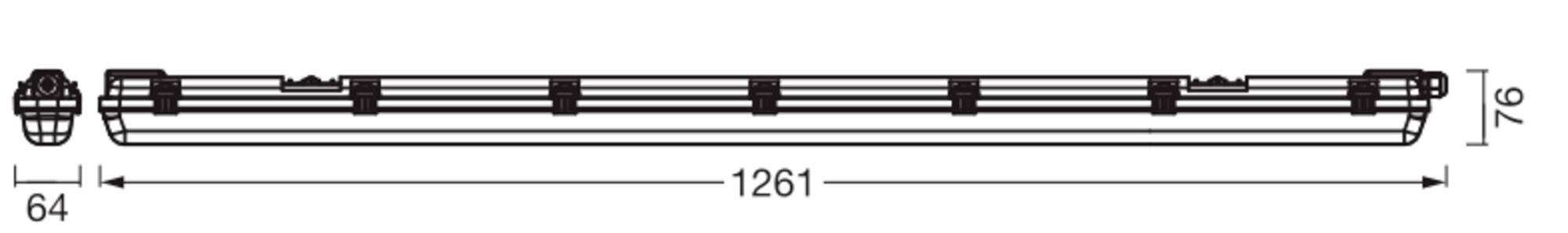 Technische Zeichnung einer langen rechteckigen Leuchte, beschriftet mit 1261 mm Breite und 96 mm Höhe, mit angegebener Montagebrei von 64 mm.