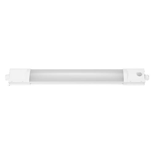 Weiße LED-Röhrenleuchte mit integriertem Sensor auf einfachem weißem Hintergrund.