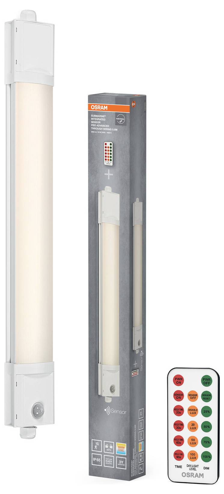 OSRAM lineare LED-Leuchte gezeigt mit Verpackung und Fernbedienung, mit Farb- und Helligkeitsoptionen für verstellbare Beleuchtung.
