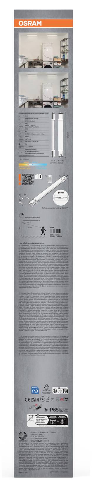 OSRAM verpackte LED-Röhrenleuchte, gezeigt mit Produktfotos, Spezifikationen, Installationsdiagramm und technischen Details auf einer hohen grauen Schachtel.
