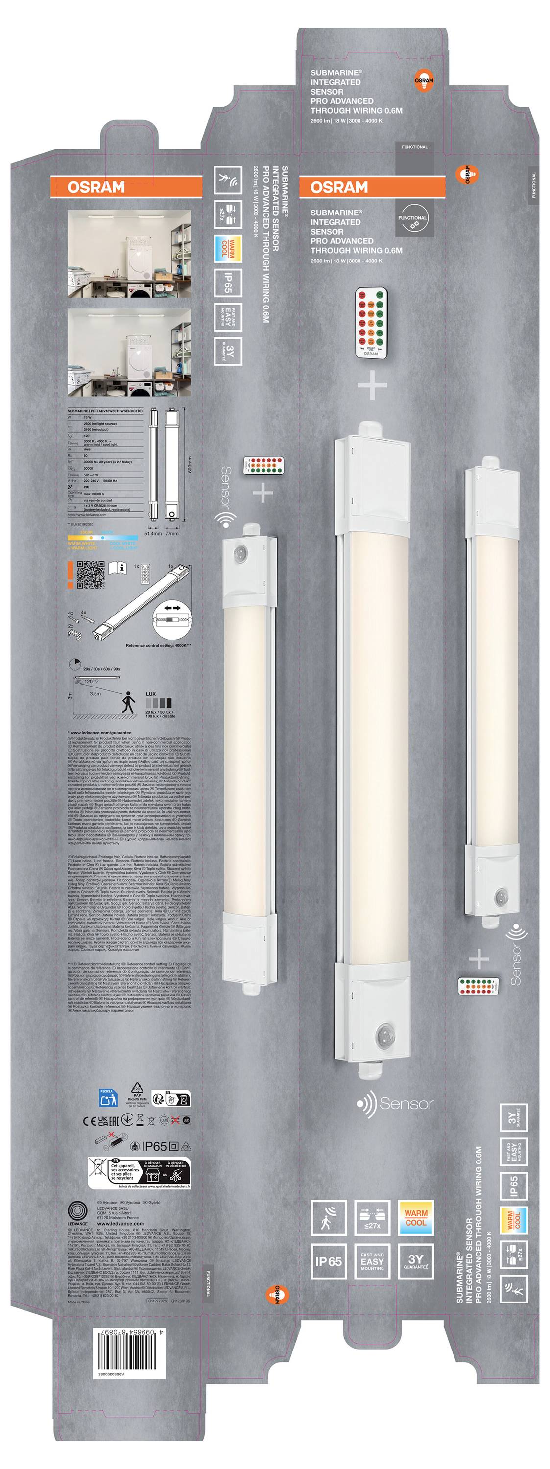 # Vorder- und Rückseite der Verpackung für OSRAM LED-Röhrenleuchten mit Produktmerkmalen, Installationssymbolen, Farboptionen und drei Röhrenleuchtlampen.