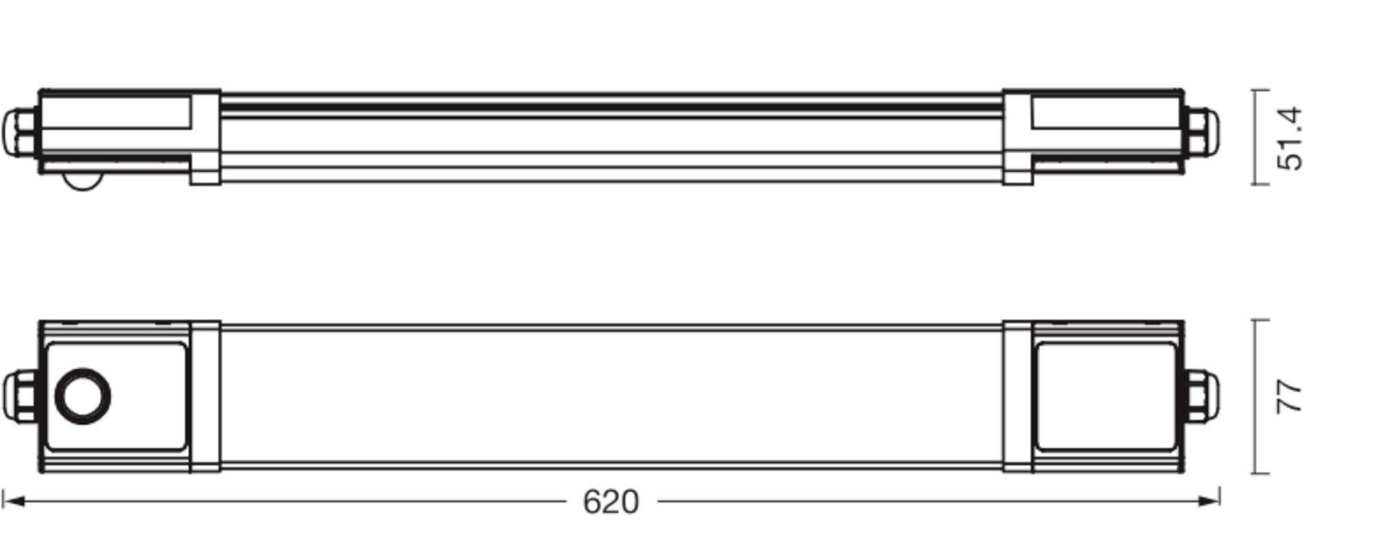 Technische Strichzeichnung einer rechteckigen Vorrichtung in Seiten- und Draufsicht dargestellt, mit beschrifteten Abmessungen von 620 mm Länge, 77 mm Breite und 51,4 mm Höhe.