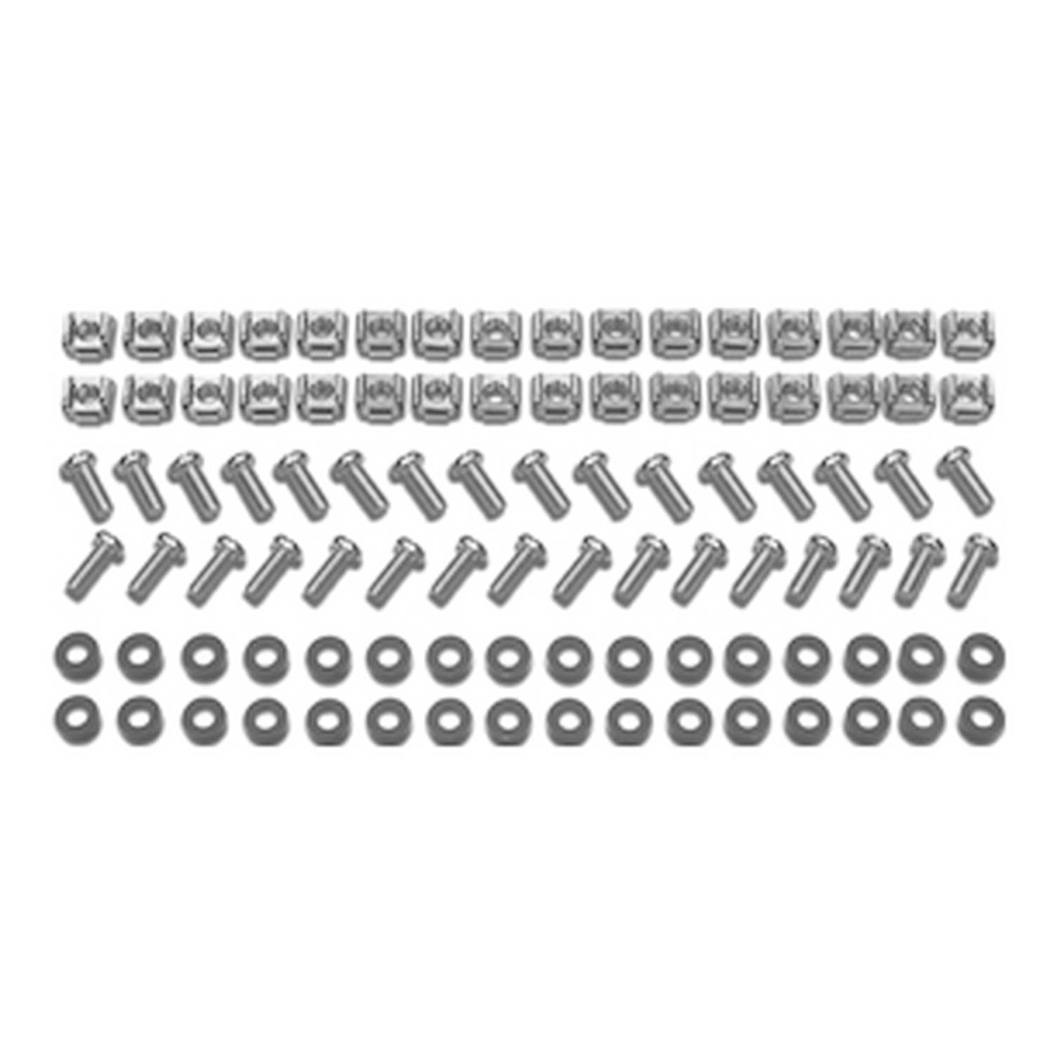 Reihen von sortierten Metallhardware-Teilen – kleine Clips, Bolzen und Unterlegscheiben – ordentlich auf weißem Hintergrund angeordnet.