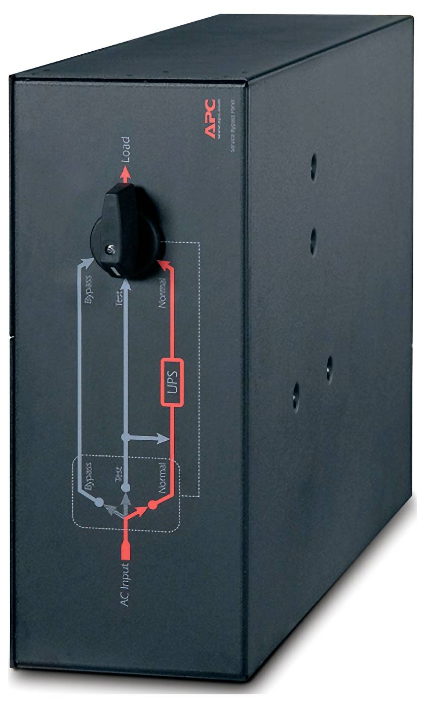 Schwarze APC-USV-Einheit in Perspektivdarstellung mit Schalter an der Vorderseite und gedrucktem Schaltplan, der AC-Eingang, Batterie und Lastverbindungen anzeigt.
