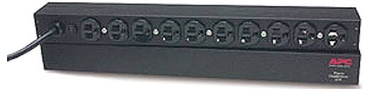 Schwarze APC Rack-Mount-Steckerleiste mit mehreren Steckdosen und einem Stromkabel auf der linken Seite.