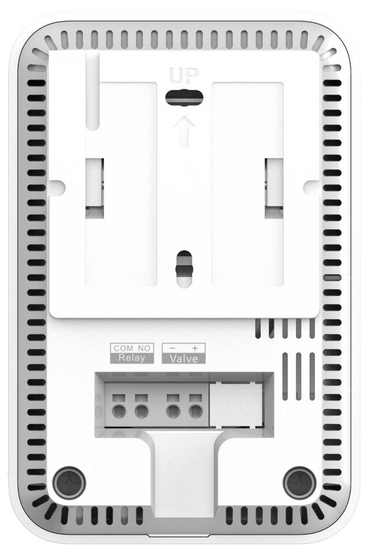Weiße, an der Wand montierte Thermostat-Rückplatte mit Lüftungsschlitzen und gekennzeichneten Klemmblöcken für Relais- und Ventilverkabelung, mit einem 