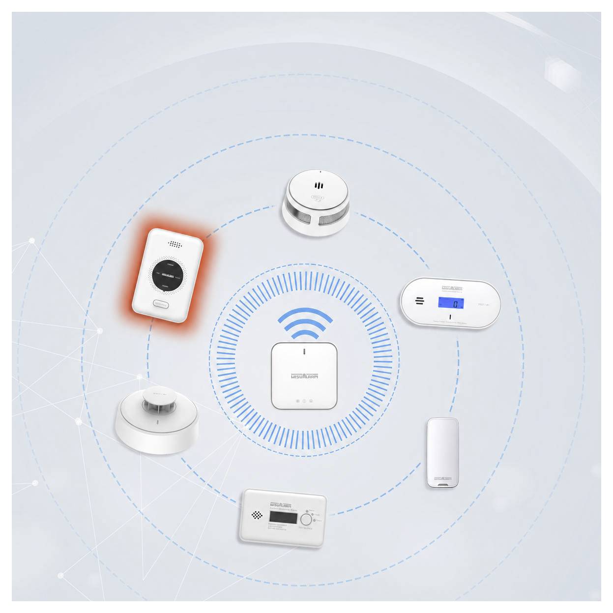 Drahtlose Smart-Home-Geräte, die um einen zentralen Wi-Fi-Hub verbunden sind, mit einem hervorgehobenen Fernsensor in Orange.