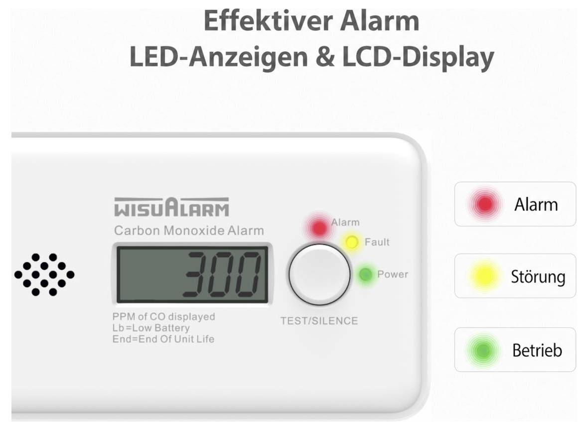 Wisualarm DHI-HY-GC20D-R8 Kohlenmonoxid-Melder vernetzbar batteriebetrieben detektiert Kohlenmonoxid