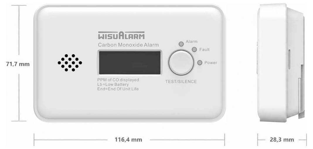 Weiße WISUALARM-Kohlenmonoxid-Alarmanlage in Vorder- und Seitenansicht mit Abmessungen von 116,4 mm x 71,7 mm x 28,3 mm, Display, Test-/Stummschaltungsknopf und Anzeigelichter.