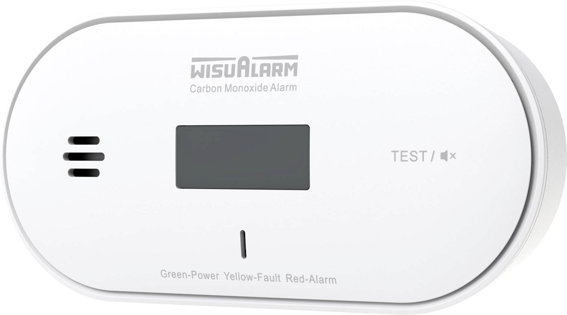 Weißer WisuAlarm-Kohlenmonoxidmelder mit Zentraldisplay, Testtaste, Lautsprecheröffnungen und Status-LED; gekennzeichnet mit Grün-Betrieb, Gelb-Fehler, Rot-Alarm.