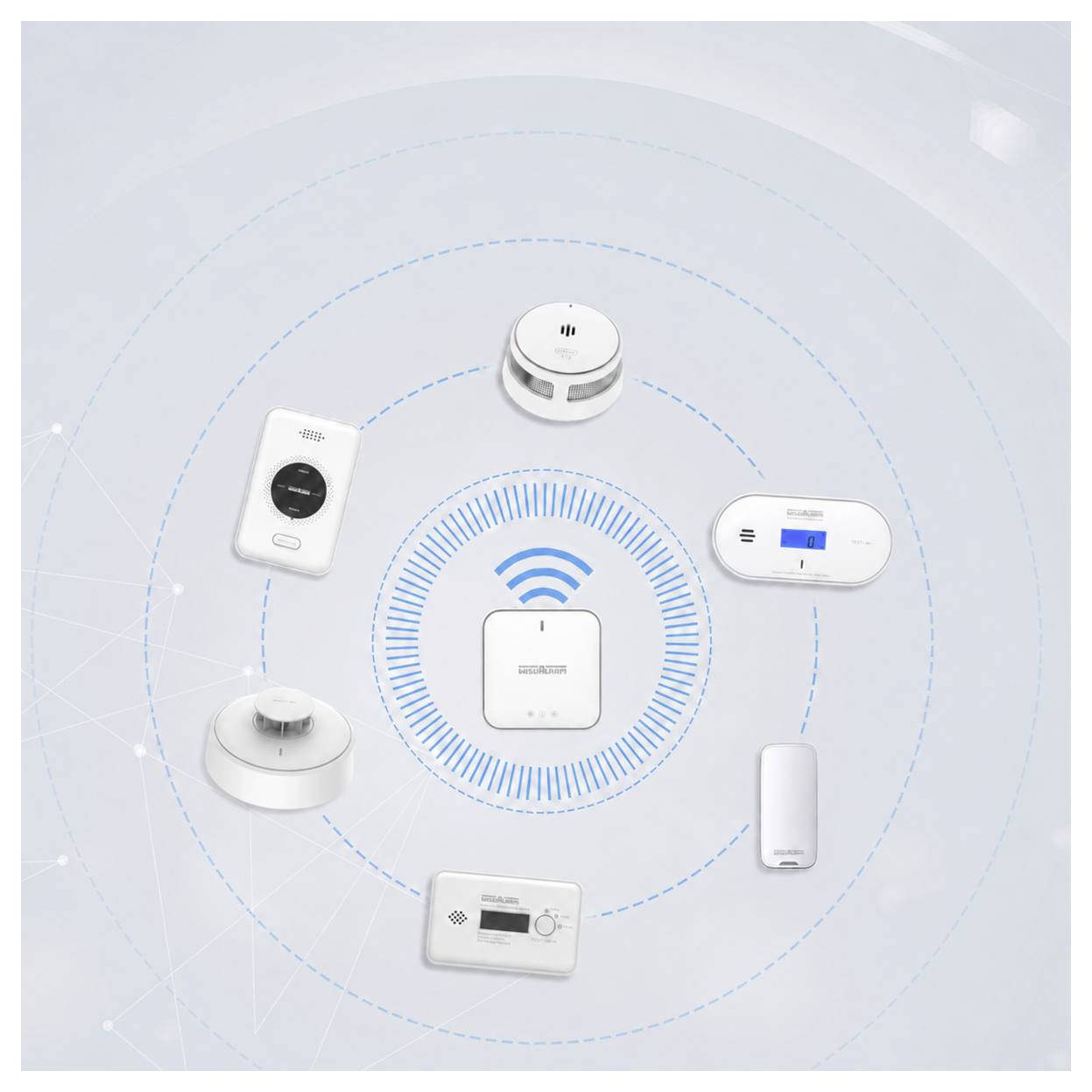 Smart-Home-Hub umgeben von verbundenen drahtlosen Sensoren und Geräten auf konzentrischen Netzwerkkreisen.