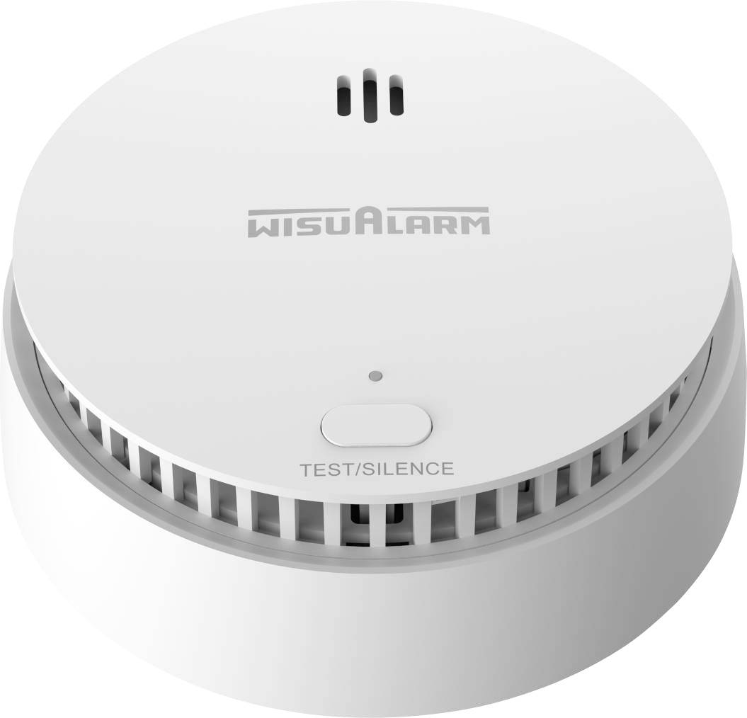 Weißer WISUALARM Rauchwarnmelder mit TEST/SILENCE-Taste und Status-LED auf einem runden, deckenmontierten Gerät.