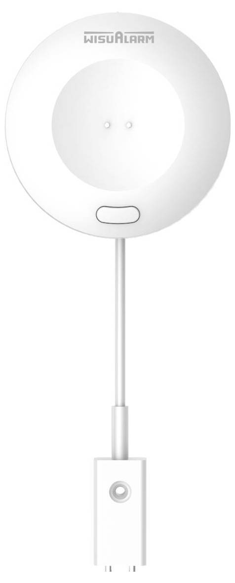 Weißer runder WISAALARM-Wandalarm-Funksensor mit einer kleinen rechteckigen Basis und einem langen Verbindungsstab.