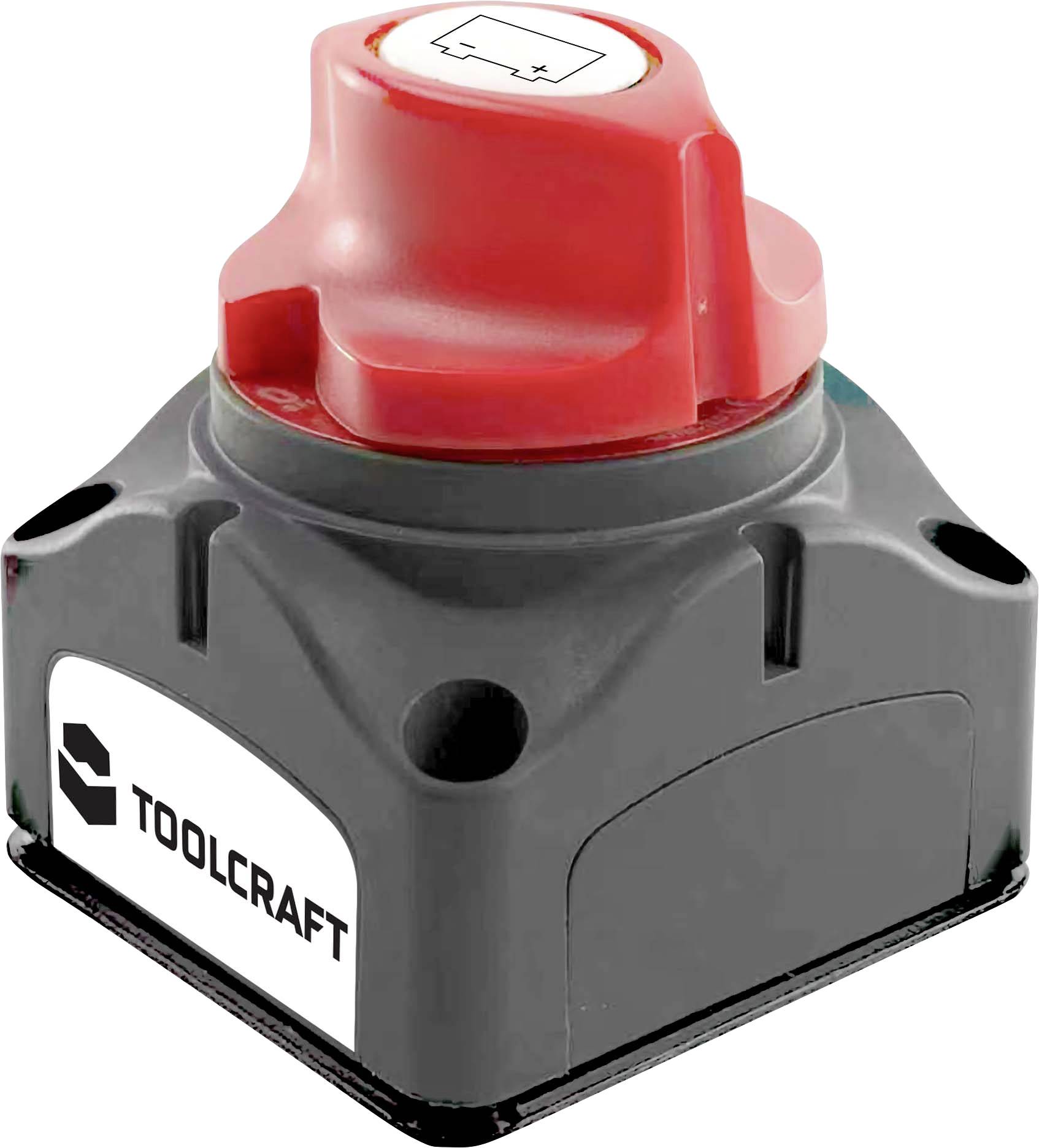 Roter Batterietrennschalter mit rotem Drehknopf und schwarzem Toolcraft-Gehäuse auf weißem Hintergrund.