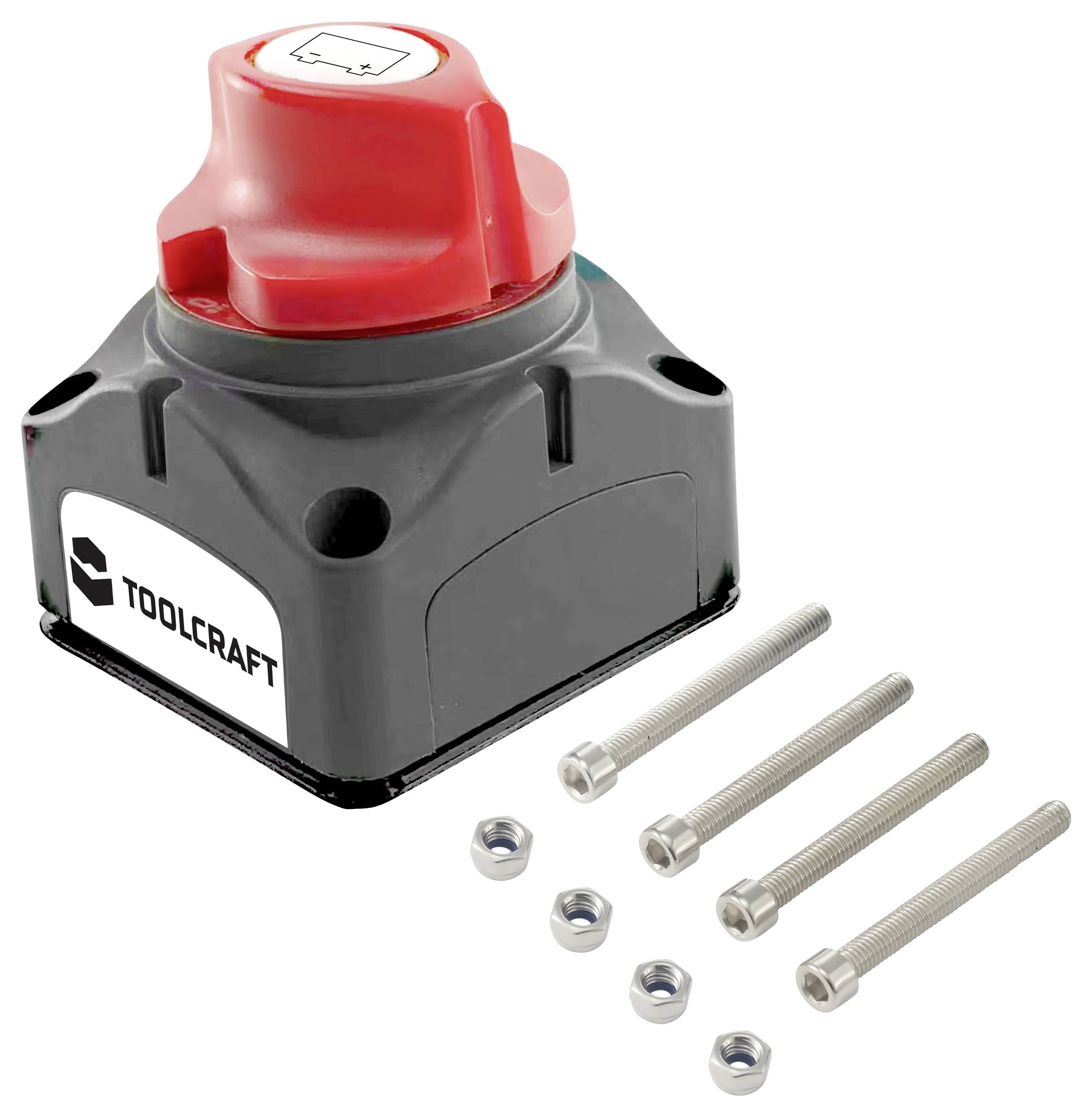 Roter Notausschalter mit vier Befestigungsbolzen und Muttern, Marke TOOLCRAFT.