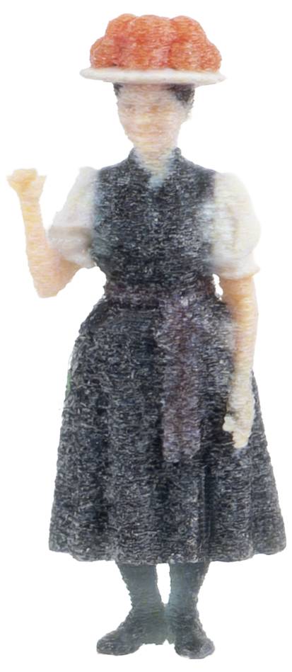 Kleine Figurine einer Frau in schwarzem Kleid und rotem Hut, stehend posiert mit einem erhobenen Arm.