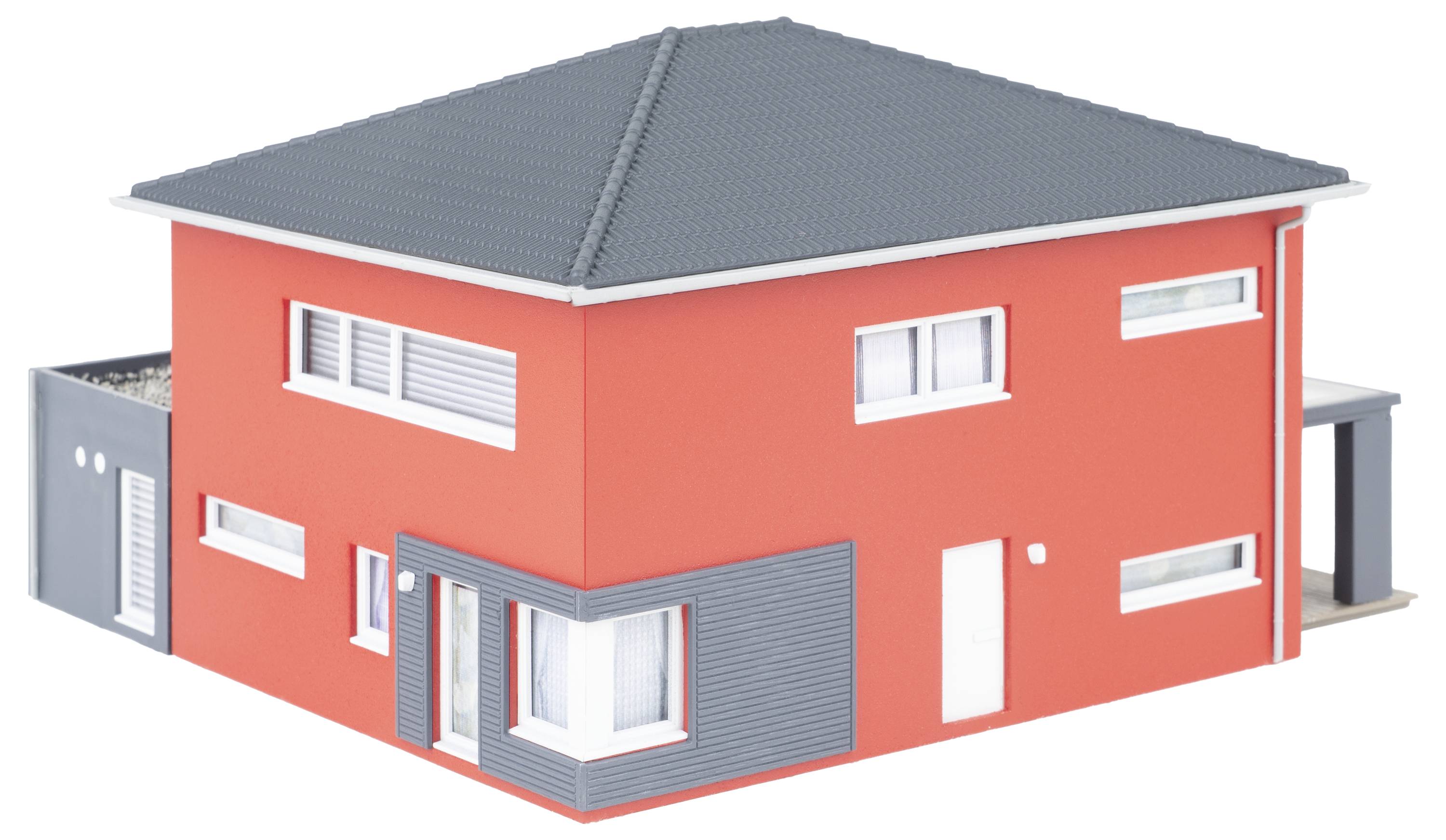 3D-Rendering eines modernen zweistöckigen roten Hauses mit grauem Dach und angebautem Einzelgarage auf weißem Hintergrund
