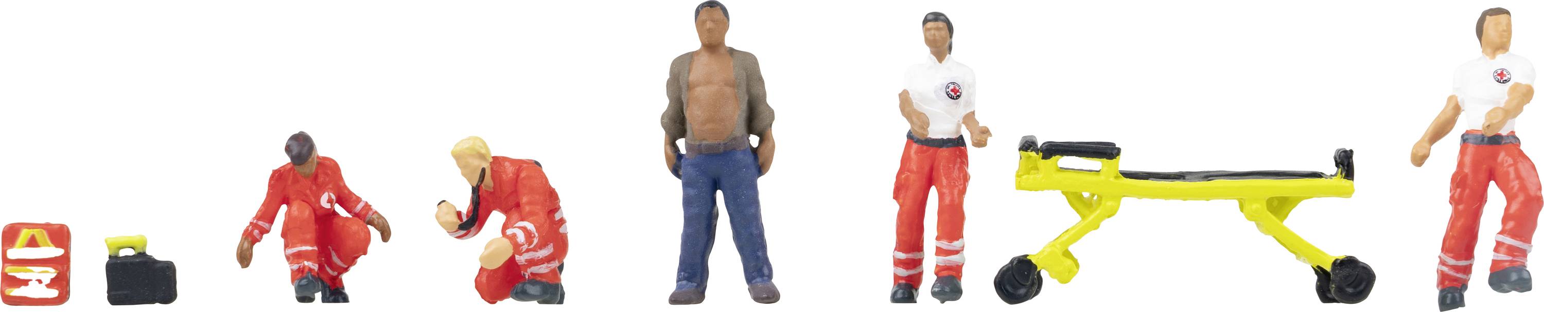 Reihe von Rettungsfiguren und Ausrüstungssymbolen: zwei hockende Rettungskräfte, ein stehender Mann, ein Sanitäter neben einer gelben Trage und ein teilweise sichtbarer Retter auf der rechten Seite.