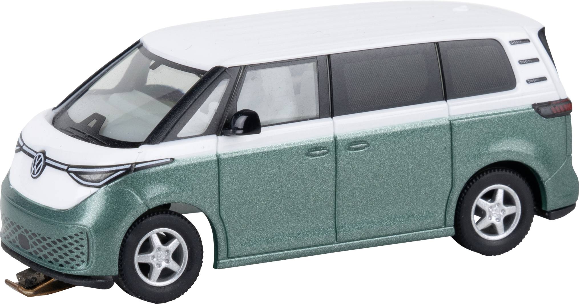 Grüner und weißer Volkswagen-Kleinbus mit Schiebetür an der Seite, gezeigt in Frontdreiviertelsicht auf weißem Hintergrund.