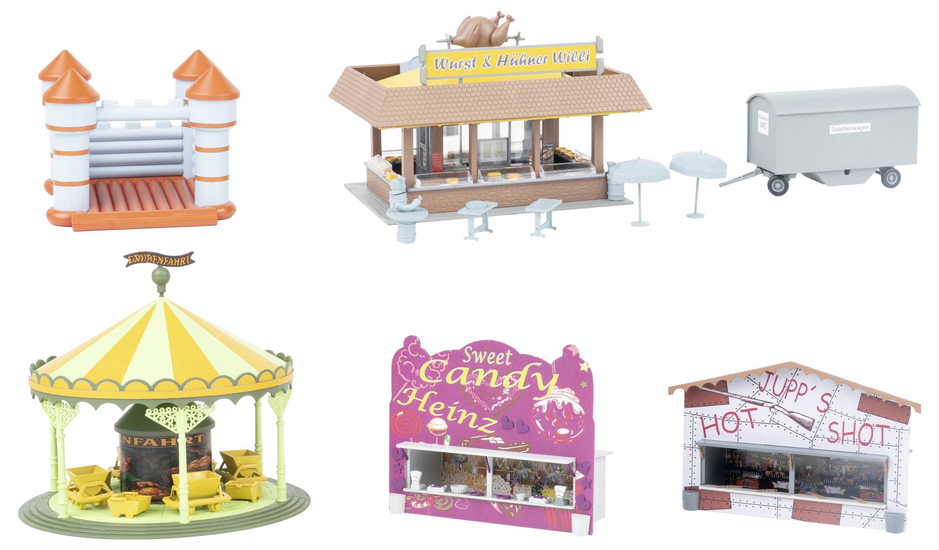 Sechs Miniatur-Themen-Essenstände und Kioske auf weißem Hintergrund: ein Hüpfburg, ein Bäckerei-Café, ein Hot-Dog-Stand, ein Karussell-Diner, ein rosafarbener Süßwarenladen und ein 