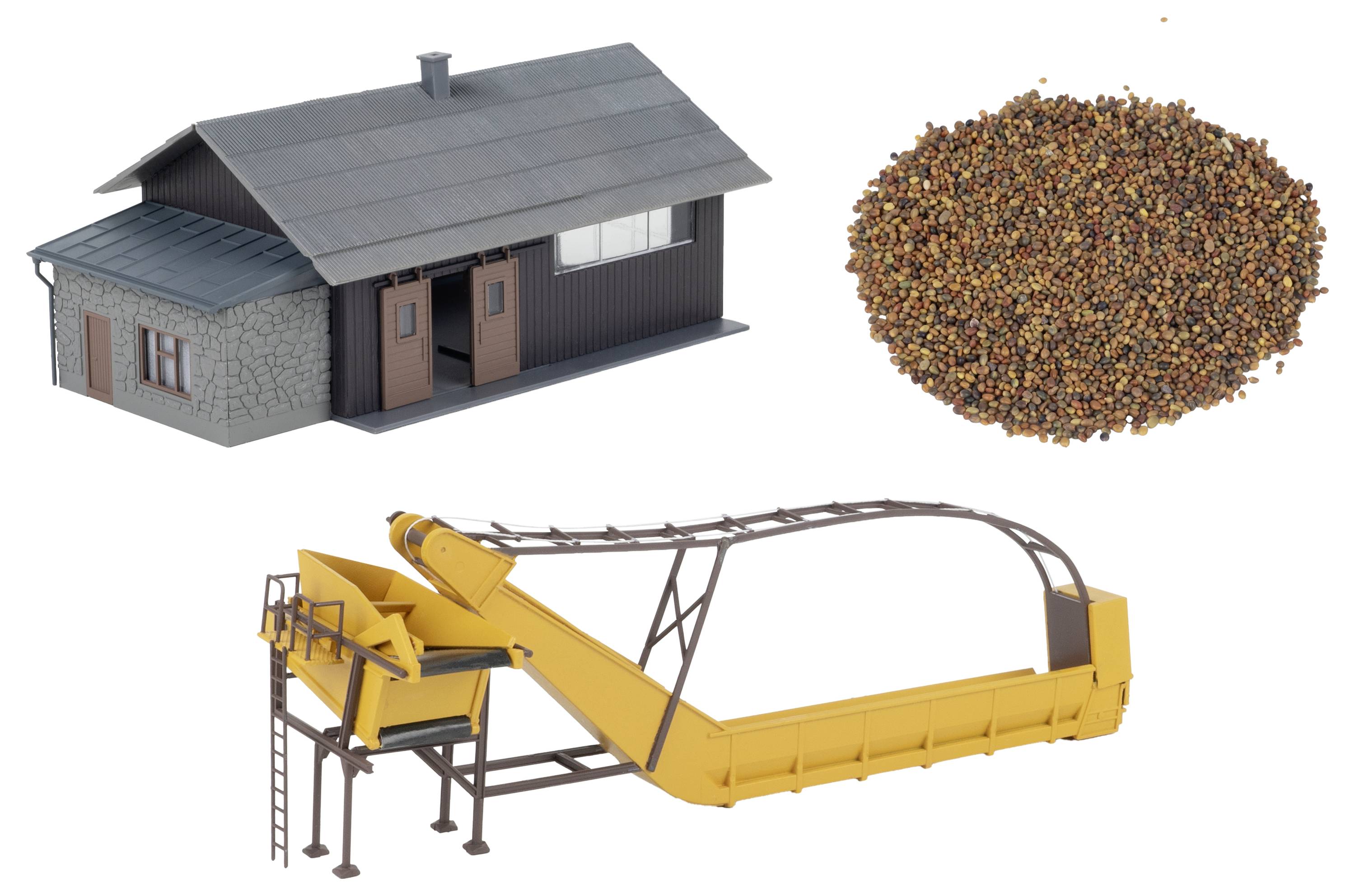 Illustration eines Hauses, eines Stapels kleiner Pellets und einer gelben industriellen Förder- oder Sortiermaschine auf weißem Hintergrund.