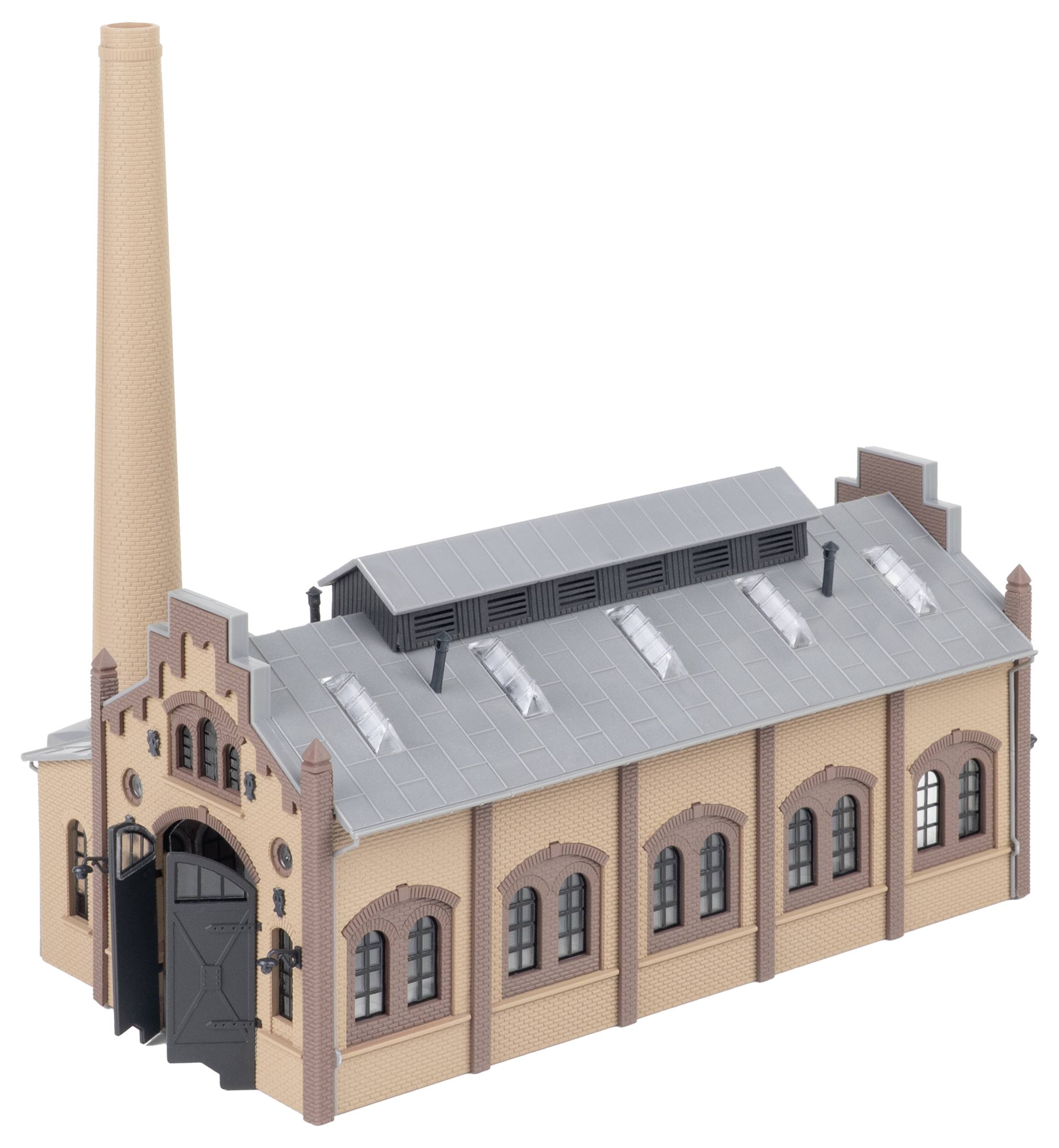 3D-Rendering eines Backsteingebäudes im Industriestil mit hohem Schornstein, grauem Dach, gewölbten Fenstern und großen Eingangstüren.