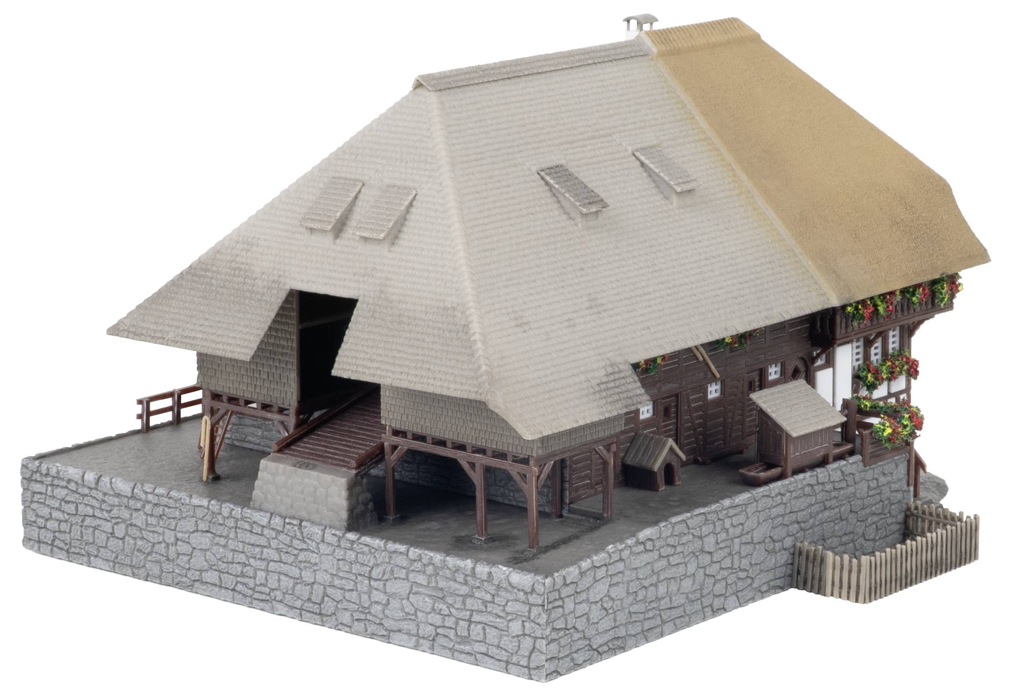 3D-Modell eines mittelalterlich gestalteten Holzhauses auf einem Steinfundament, von vorne-links auf weißem Hintergrund betrachtet.