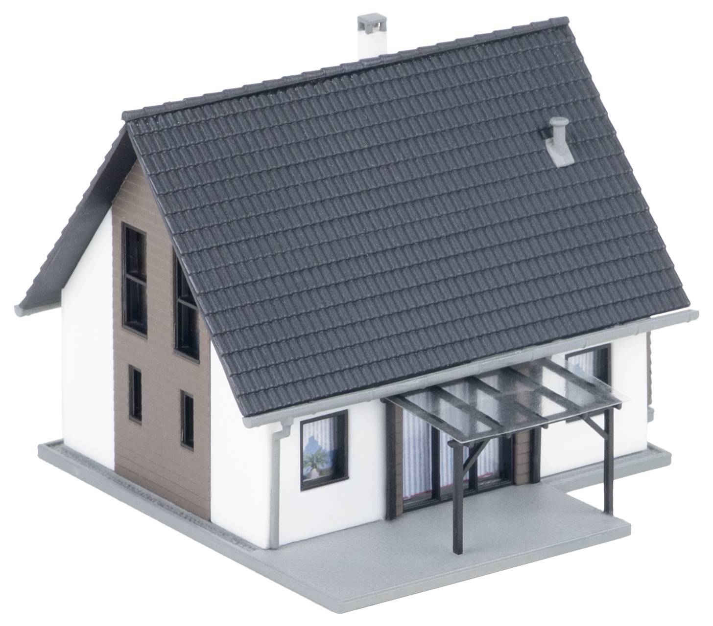 Modell eines modernen zweigeschossigen Hauses mit dunklem Satteldach und kleinem Vordach über der Terrasse.