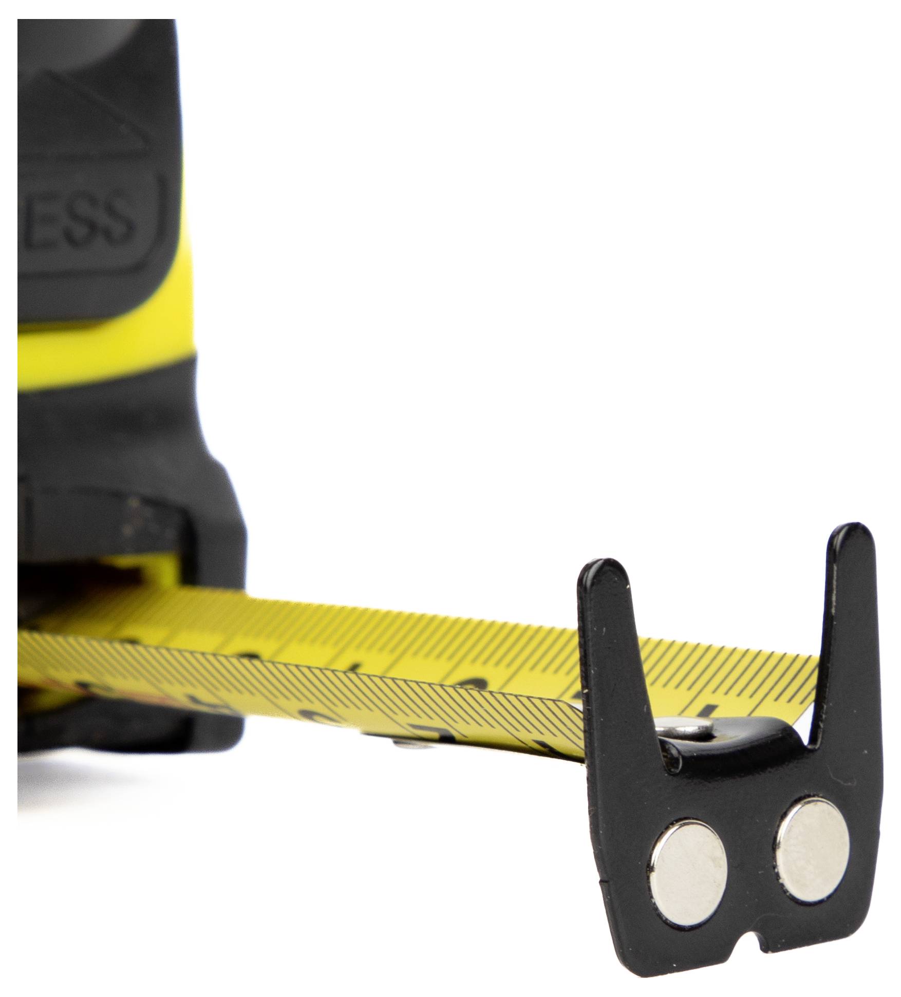 Nahaufnahme eines gelben Messbands mit ausgefahrenem Metallhaken aus einem schwarz-gelben Gehäuse.