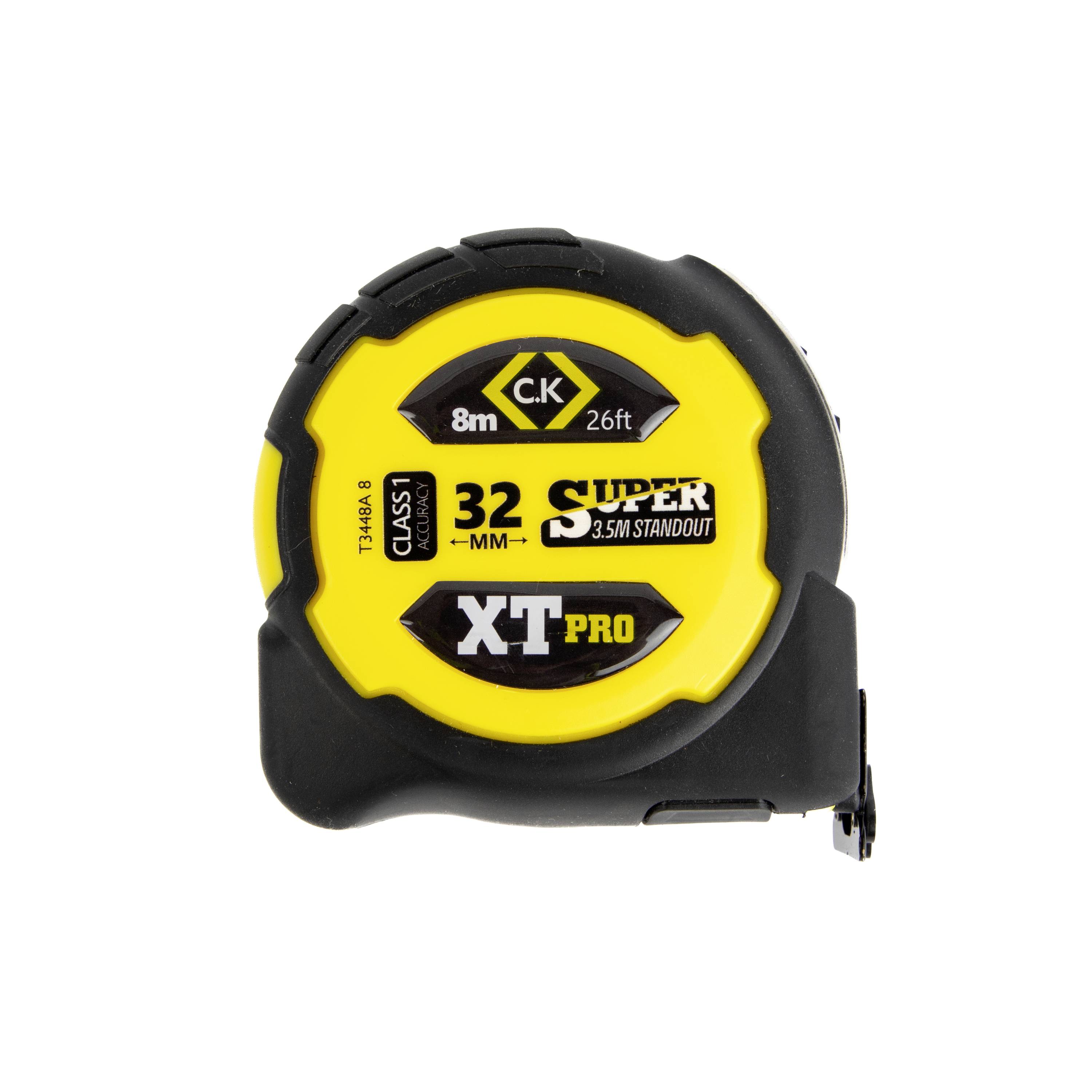 Yellow-and-black C.K. tape measure labeled 8m/26ft, 32 mm, 'SUPER', and 'XT PRO' on a white background.