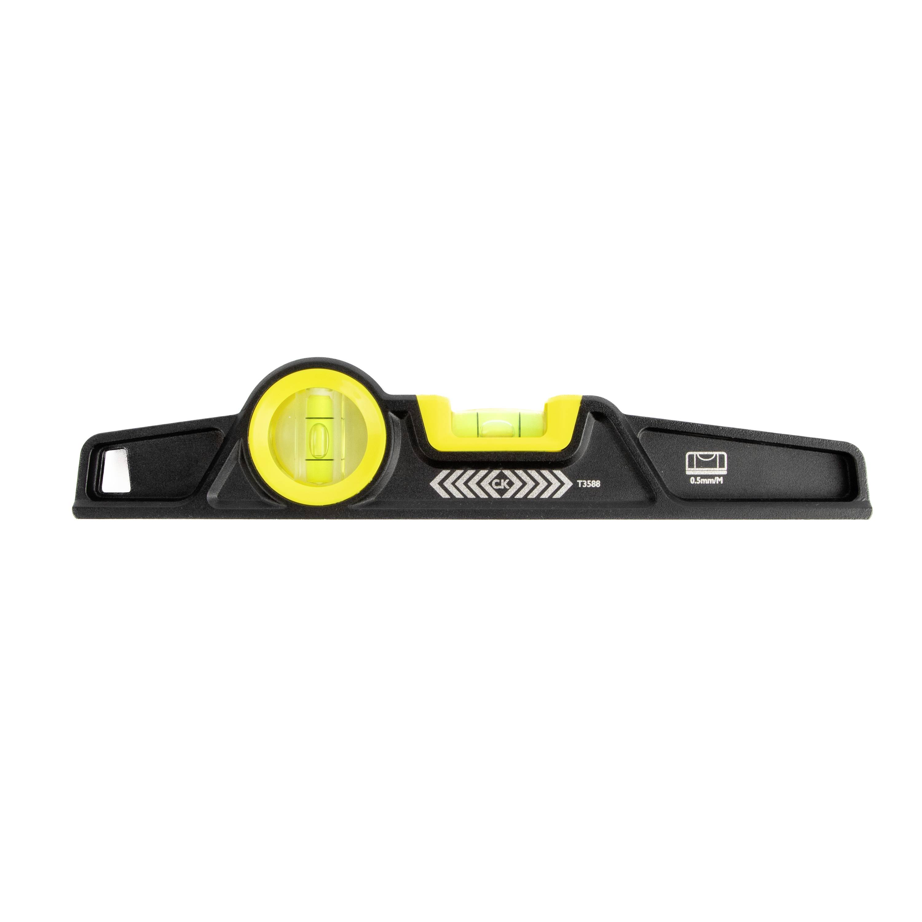 Black and yellow spirit level tool with three bubble vials for measuring horizontal and vertical alignment on a white background