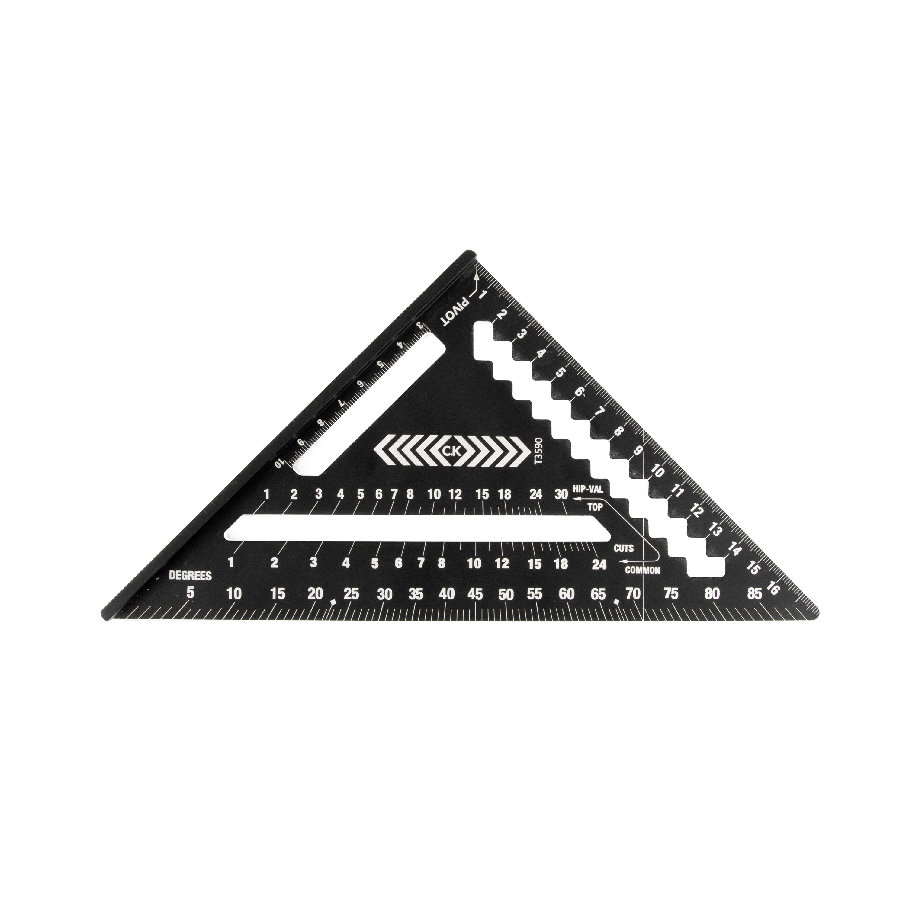 Black triangular carpenter’s square ruler with angle and degree markings on a white background.