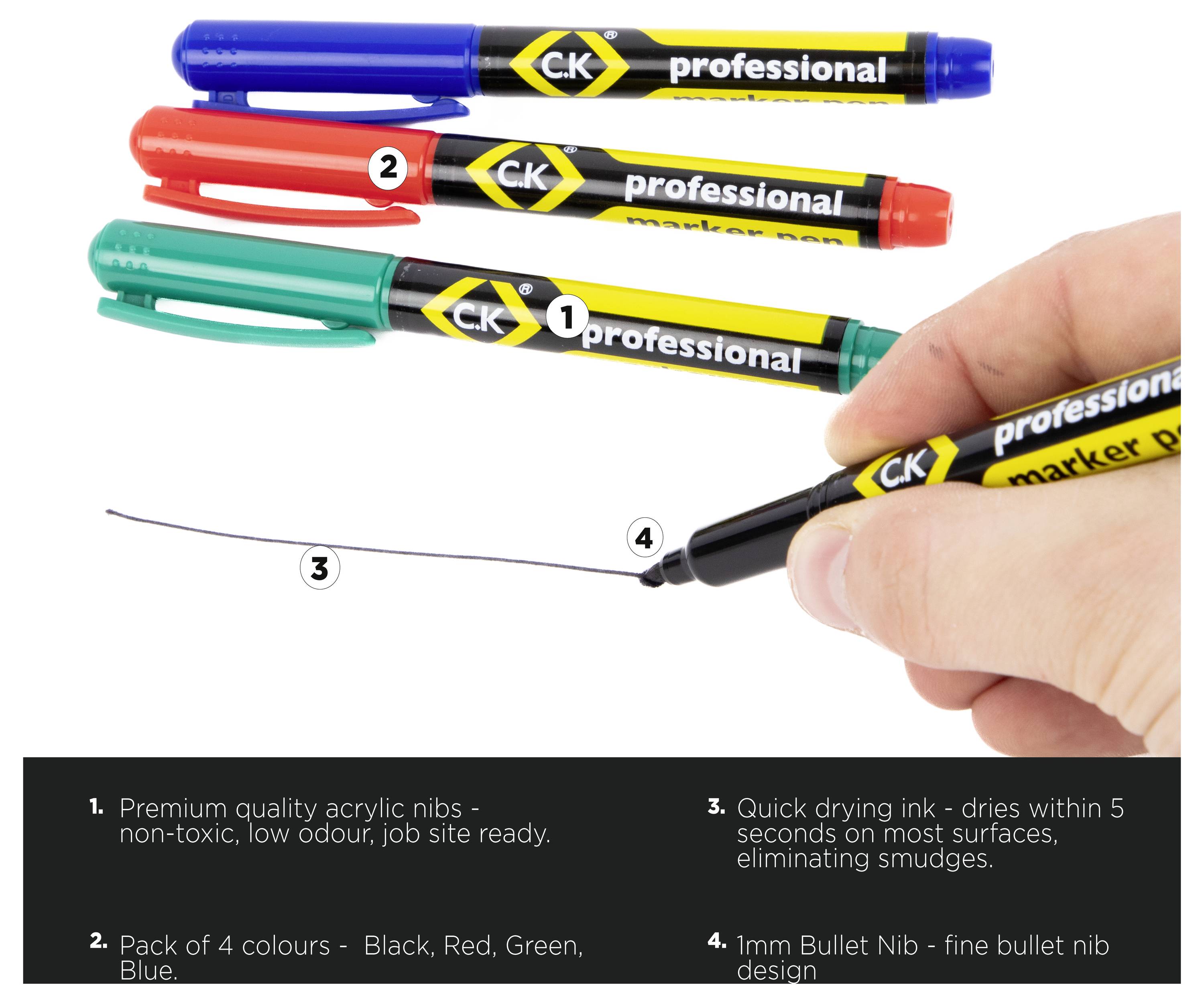 Hand hält einen schwarzen CK Professional Marker und zeichnet eine Linie, mit blauen, roten, grünen und schwarzen Markern oben gezeigt und Produktmerkmale unten aufgelistet.