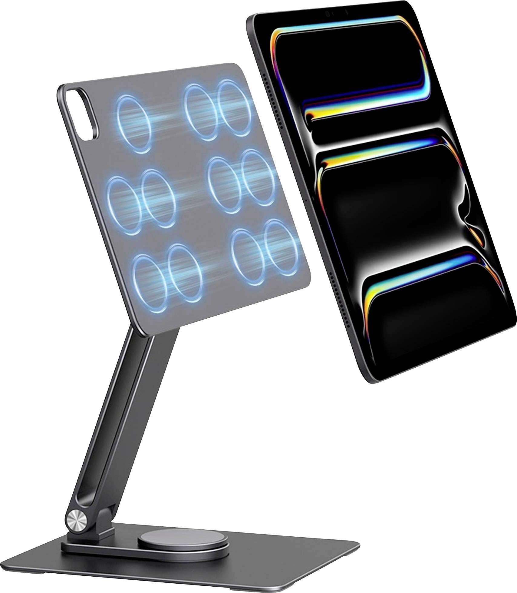 Verstellbarer Tablet-Ständer, gezeigt in zwei angewinkelten Ansichten, eine mit leuchtenden blauen Kreismustern auf der Plattform und eine mit regenbogenfarbig akzentuierten schwarzen Paneelen.