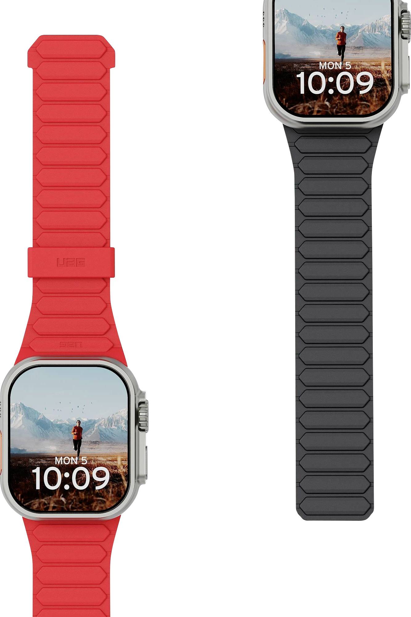 Zwei Apple Watch Ultra-Uhren nebeneinander dargestellt, eine mit einem leuchtend roten Armband und eine mit einem schwarzen Armband, jede zeigt die Uhrzeit 10:09 an.