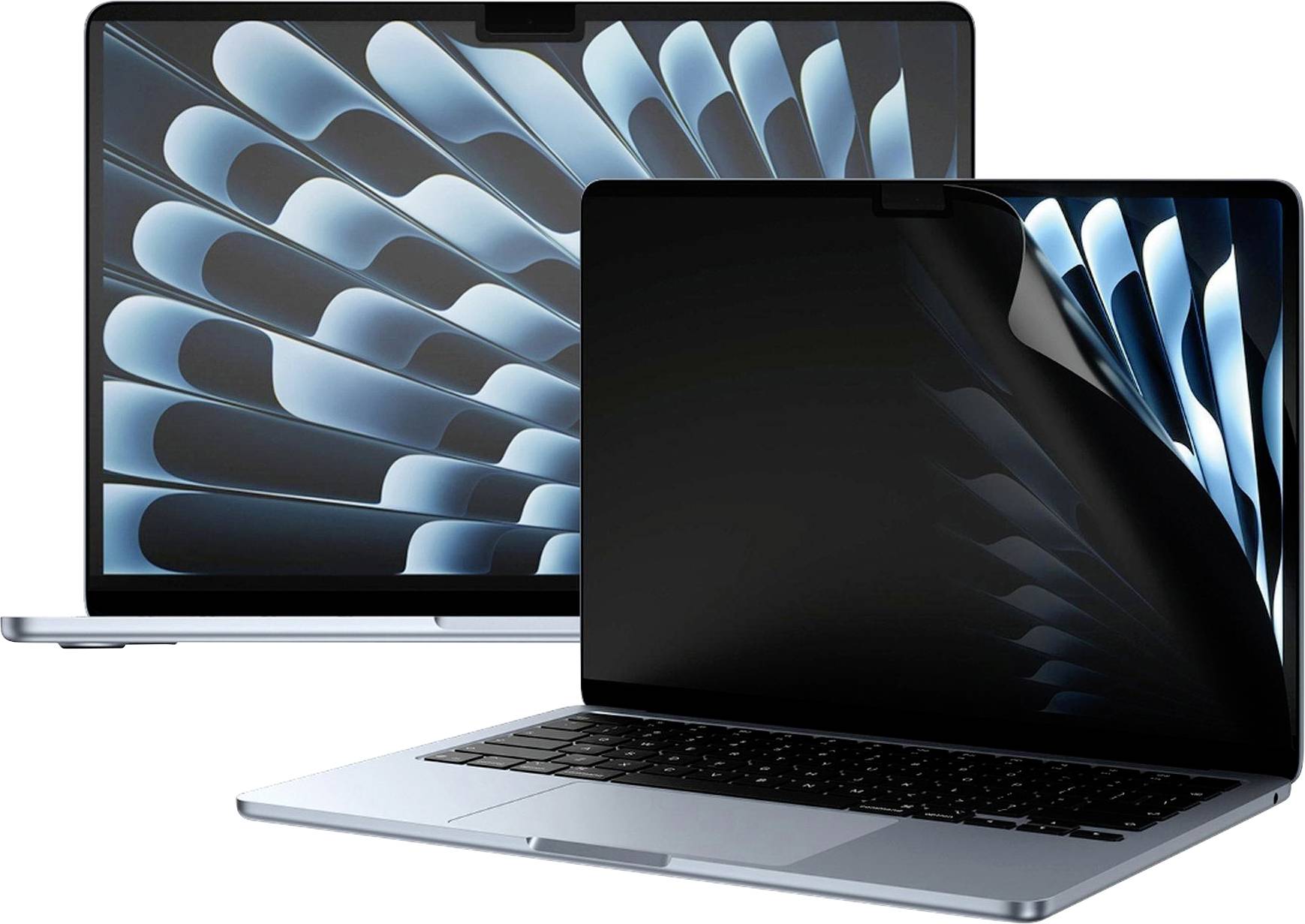 Zwei aufgeklappte Laptopcomputer auf weißem Hintergrund, beide zeigen eine blaue abstrakte Federnform als Hintergrund; der vordere Laptop hat einen dunklen Bildschirm mit einem Eckumschlag-Effekt.