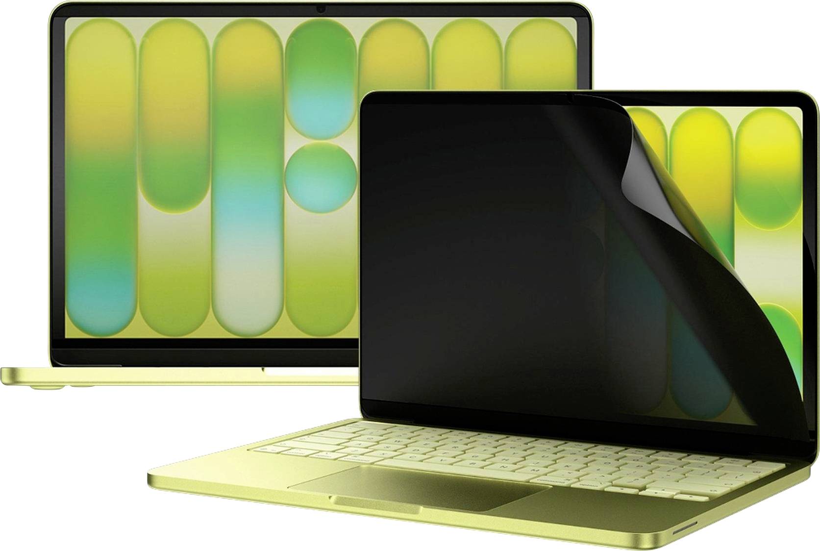 Zwei goldene Laptops; der vordere ist geschlossen mit schwarzem reflektierendem Bildschirm, und der hintere ist offen und zeigt ein buntes abstraktes Display.