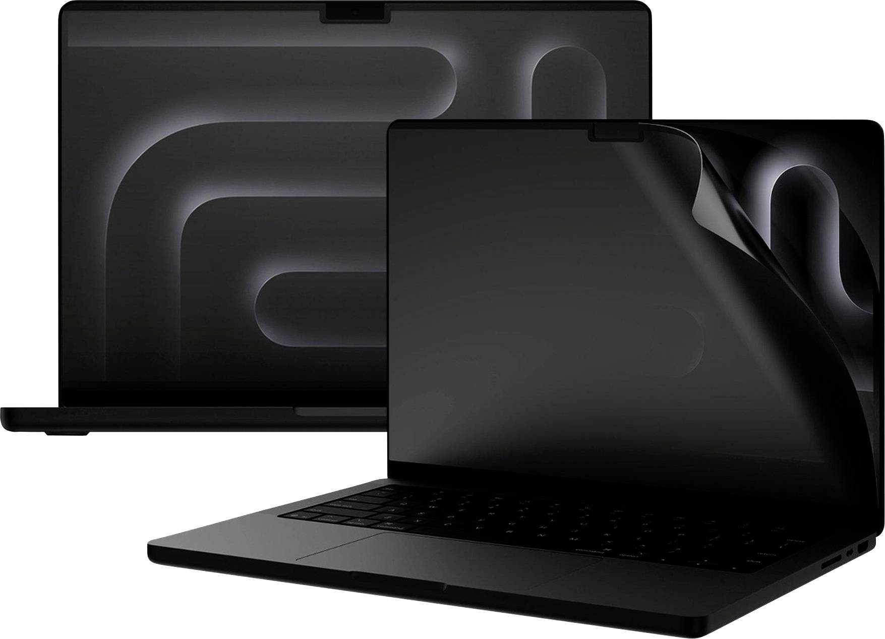 Zwei schwarze Laptops übereinander, einer offen davor und einer geschlossen dahinter, auf weißem Hintergrund gezeigt.
